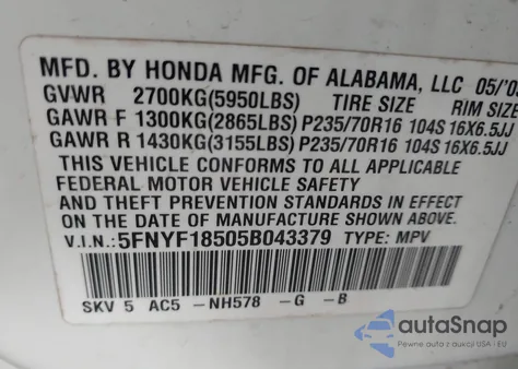 2005 Honda Pilot Ex-L from USA, damaged, VIN 5FNYF18505B043379